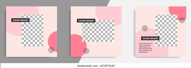 Three set editable square banner layout template - minimal modern design background in pink and peach circle shape. Suitable for social media post, stories, story, flyer. Vector illustration