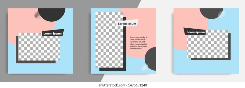 Three set editable square banner layout template - minimal modern design background in blue color with peach circle shape. Suitable for social media post, stories, story, flyer. Vector illustration