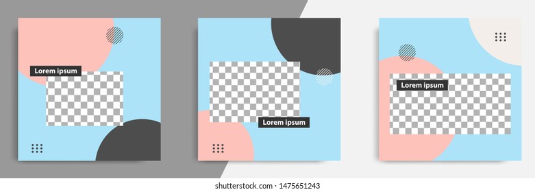 Three set editable square banner layout template - minimal modern design background in blue color with peach circle shape. Suitable for social media post, stories, story, flyer. Vector illustration