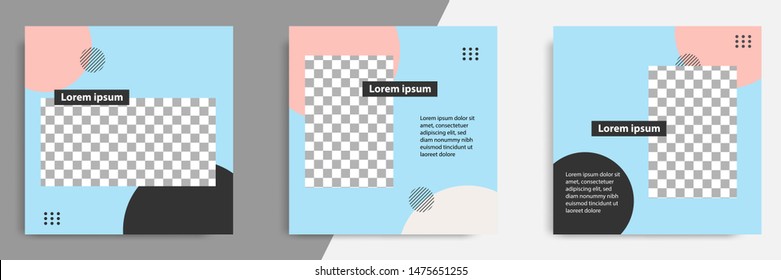 Three set editable square banner layout template - minimal modern design background in blue color with peach circle shape. Suitable for social media post, stories, story, flyer. Vector illustration