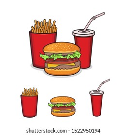 Three set of hamburger, fries and cola in cartoon style. High quality trendy vector illustration