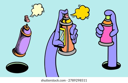 Three set hand spraying paint illustration displaying aerosol bottles bundle with mist smoke cloud stream effect for street art subculture graphic design presentation isolated clip art.