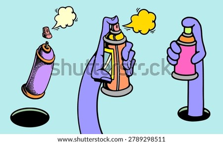 Three set hand spraying paint illustration displaying aerosol bottles bundle with mist smoke cloud stream effect for street art subculture graphic design presentation isolated clip art.