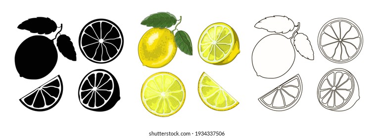 Three set of lemons-  black silhouette, colored in a cartoon style and outline style. One lemon on a twig with two leaves, a half and two slices, isolated on a white background. Vector illustration.