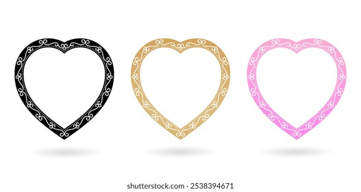 three Set love hearts frame with ornament on a isolated white backgrounds for accessories, invitation birthday cards, gift paper, screen printing glass, Branding or identity campaigns, Stationery gift