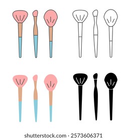 three set make up brush colors, outline, black color, icon, sign, symbol, vector, illustration clipart cosmetic beauty tools