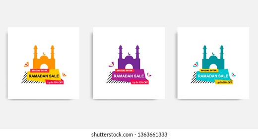Three set of modern minimal Ramadan sale element for promotional banner advertising. Vector illustration