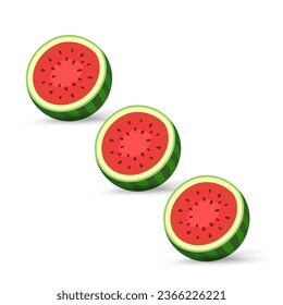 THREE Set of Opened cut watermelon, clipart, vector, cartoon fresh green watermelon pieces, on isolated background. vector, illustration