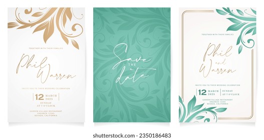 three set ornamental Wedding invitation card with floral design elements for greetings cards template, Stationery, Layout, collage, scene designs, event flyers, prints paper materials holiday festives
