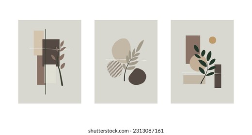 Three set of plant and shape based element of wall art with pastel color. Can be used as printable wall art, greeting card background, mug design, etc.