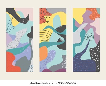 Three set of posters design Memphis with tropical color themes. Abstract, futuristic, elegant