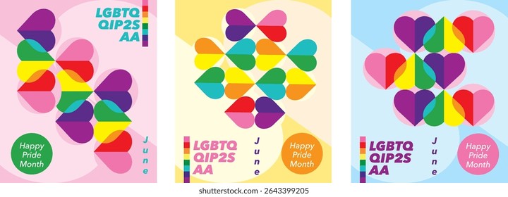 Three set of pride of June with word LGBTQQIP2SAA for greeting cards, posters and holiday covers. Design in heart shape icon with pride color modern minimalist style.
