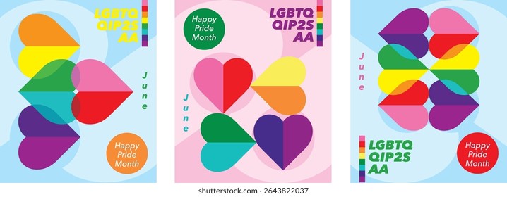 Three set of pride of June with word LGBTQQIP2SAA for greeting cards, posters and holiday covers. Design in heart shape icon with pride color modern minimalist style.