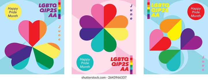 Three set of pride of June with word LGBTQQIP2SAA for greeting cards, posters and holiday covers. Design in heart shape icon with pride color modern minimalist style.