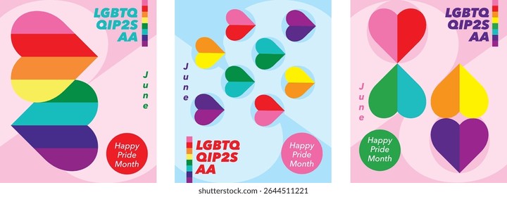 Three set of pride of June with word LGBTQQIP2SAA for greeting cards, posters and holiday covers. Design in heart shape icon with pride color modern minimalist style.