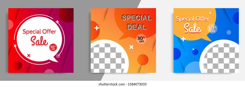Three set of sale square banner. Abstract gradient modern geometric design style template. Suitable for advertising and promotion in social media post,blog, web. Vector Illustration. 