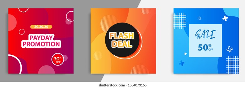 Three set of sale square banner. Abstract gradient modern geometric design style template. Suitable for advertising and promotion in social media post,blog, web. Vector Illustration. 