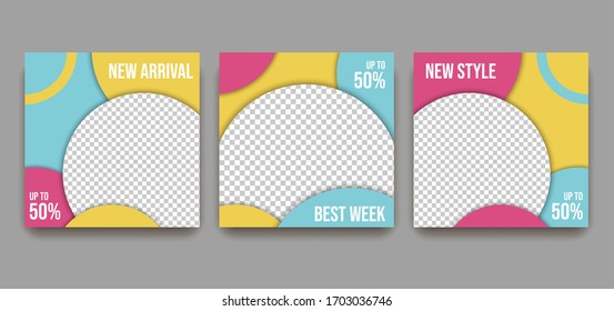 Three set of sale square banner. Minimal modern abstract shape design style template, full color.  Suitable for promotional ads in social media post and stories. Vector Illustration.