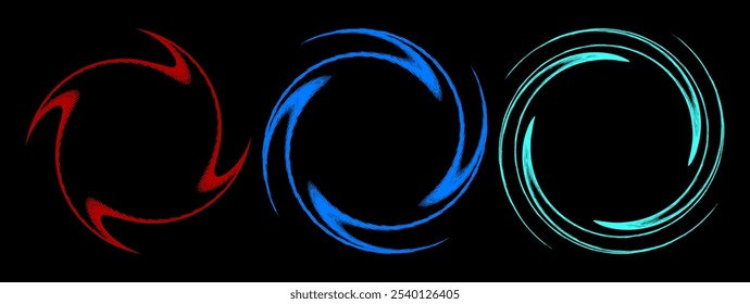 Three set of swirling circular shapes border frame. Vibrant red, blue, and turquoise colors. Spiral design with a sense of motion. Dynamic, energetic flow. Perfect for modern and creative projects.