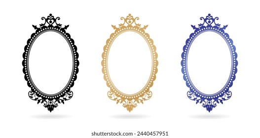 three set of vintage frame oval with ornate designs on a isolated white backgrounds for screen printing, paper craft printable designs, wedding invitation cover, stationery design material print paper