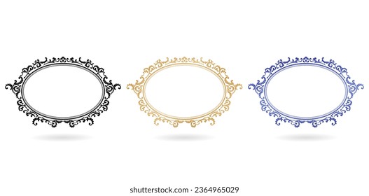 three set of vintage frames ellipse ornament Elegant elements isolated white backgrounds for screen printing, paper craft printable designs, wedding invitation cover, stationery design materials, foil