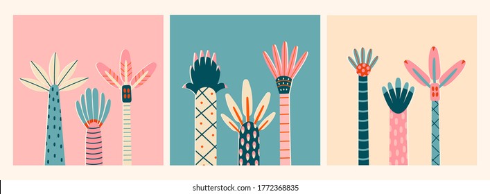 Three sets of abstract Palms. Short and tall trees. Different interpretations of wood and leaves. Hand drawn colorful Vector Trendy illustrations. Cartoon style, Flat design. Set of three cards