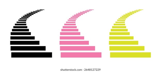 Three sets of abstract stairs in black, pink, and yellow ascending upwards