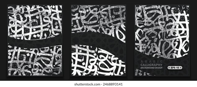 Three Sets Beautiful Shiny Silver Arabic Calligraphy Background Vector Design Without SPESIFIC MEANING IN ENGLISH. For Decoration, Wallpaper, Banner, Illustration, Cover, Poster, Flyer, Greeting Card