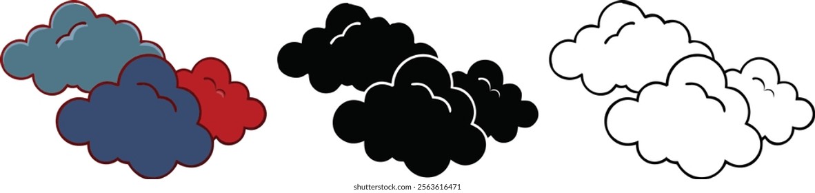 Three sets of cartoon clouds displayed in different color variations blue, red, black, and white outlines. Simple, illustrative style.