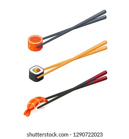 Three sets of chopsticks hold sushi. Isolated on white background. Modern flat style vector illustration.