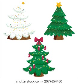 Three sets of Christmas trees, vector illustration. Can be used for greeting cards, invitations, banners, web designs.
