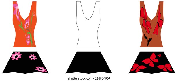 Three sets of clothes, tops and skirts in various patterns