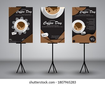 three sets of coffee standing banners or tripod banners with coffee beans, cups and coffee brew. price tag and pretty coffee leaves.