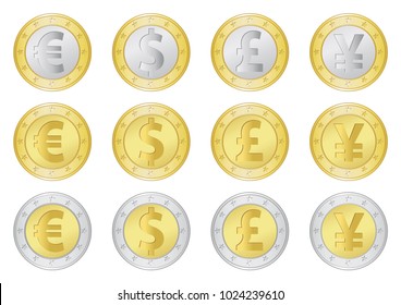 Three sets of coins in gold and silver colors on a white background with symbols: euros, dollar, pound, yen.