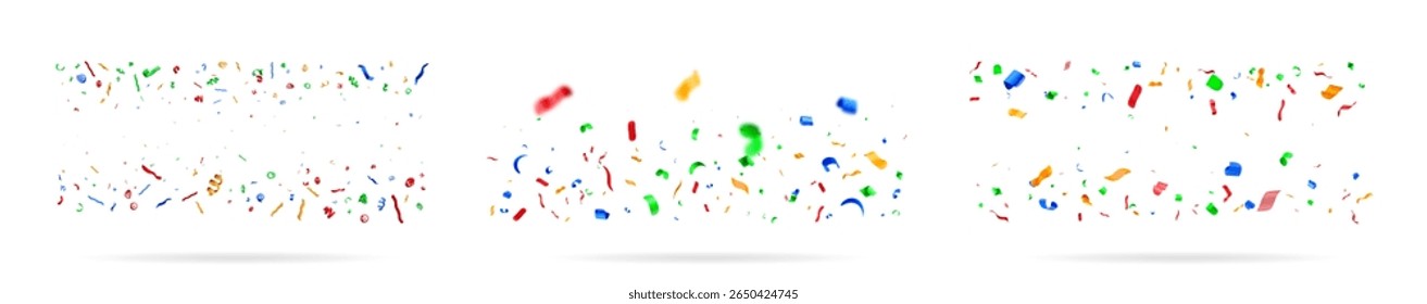Três conjuntos de confetes coloridos caindo sobre um fundo branco nítido. Celebração e conceito festivo para cartão de saudação, convite de festa ou banner.
