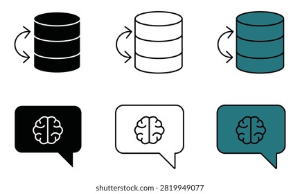 Three sets of database and brain icons transitioning from dark to light teal color isolated on transparent background
