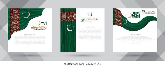 Am 27. September gibt es drei Sets, die Turkmenistan zum Unabhängigkeitstag für Hintergrund, Wallpaper, Karte, Illustration, Deckblatt, soziale Medien, Banner und Flyer begrüßen. Das Mittel ist: GLÜCKLICHER TURKMENISTAN UNABHÄNGIGKEIT TAG