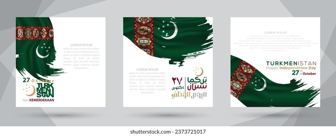 Three Sets Greeting Turkmenistan Independence Day 27th September For Background, Wallpaper, Card, Illustration, Cover, Social Media, Banner And Flyer. The Mean Is : HAPPY TURKMENISTAN INDEPENDENCE DAY