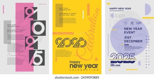 three sets of Happy New Year 2025 posters. Simple design with several choices of concepts and types. 2025 vector premium design.