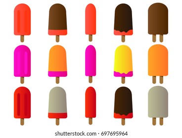 Three sets of ice creams icons, hot colors Popsicles, ice lollies, isolated on white background