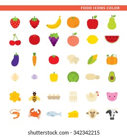 Three sets icons, animal source food, fruits and vegetables in color style.