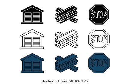 Three sets of icons featuring a house brick wall and stop sign in black white and blue color variations isolated on transparent background