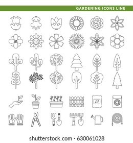 Three sets icons, flowers, trees and gardening tools in line style.
