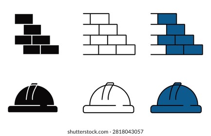 Three sets of icons showing bricks and hard hats isolated on transparent background