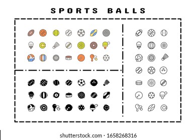 Three sets of icons with a sports ball theme. With outline, glyph, and filled outline style