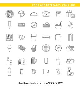 Three sets of icons, traditional food, fast-food and beverages in line style.