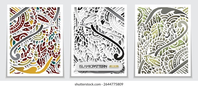 Three Sets Islamic Floral Pattern Background Vector Design For Wallpaper, Banner, Card, Decoration, Illustration, Cover, Flyer etc