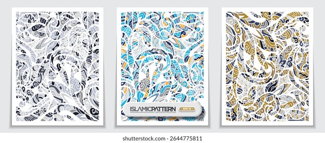 Three Sets Islamic Floral Pattern Background Vector Design For Wallpaper, Banner, Card, Decoration, Illustration, Cover, Flyer etc