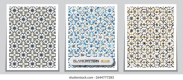 Three Sets Islamic Seamless Pattern Background Vector Design. Can Used For Wallpaper, Banner, Card, Decoration, Mockup, Cover, Illustration etc