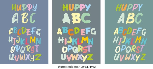 Three sets of isolated vector alphabet letters named happy ABC